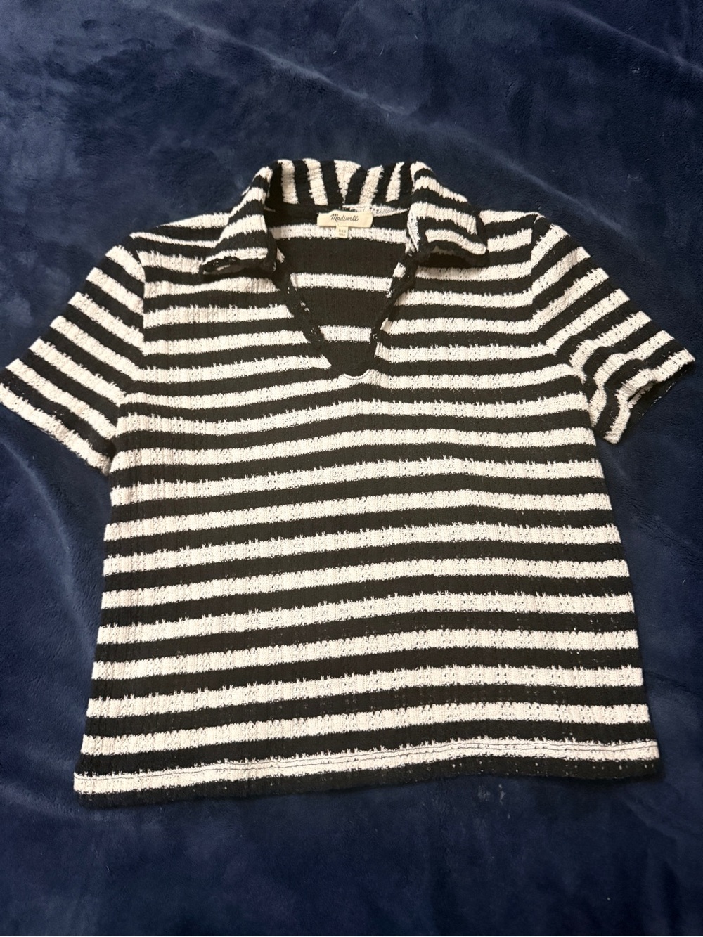 Madewell Black and White Striped Knit Polo Collar Detail XXS runs big